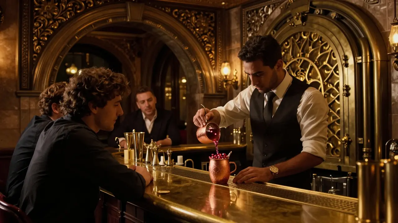 A bartender crafting a signature cocktail in a historic bank vault bar with Ottoman architecture.