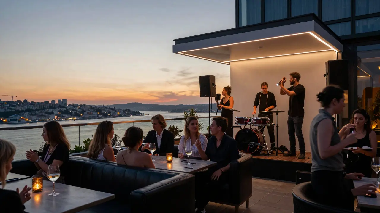 A chic rooftop bar overlooking the Bosphorus at sunset, where guests dance to live drum &amp; bass music on elegant black couches.