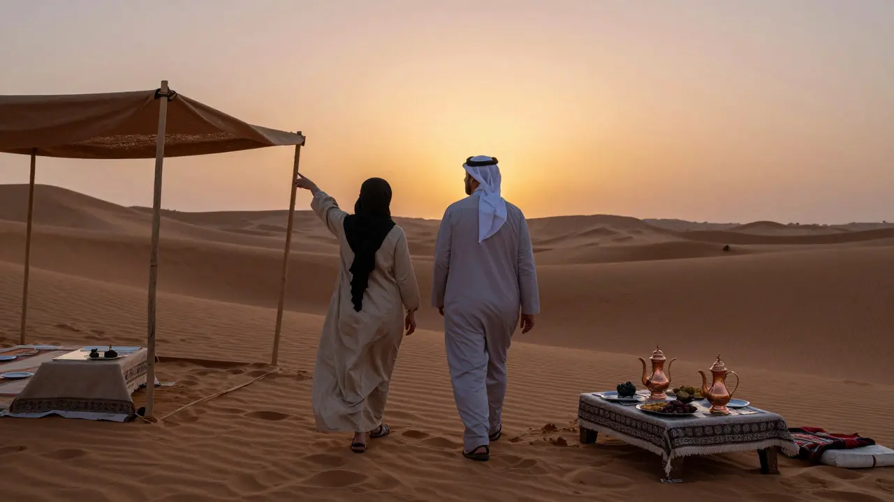 A companion guides a client through desert dunes at sunset, showing a Bedouin artifact near a traditional Emirati meal.