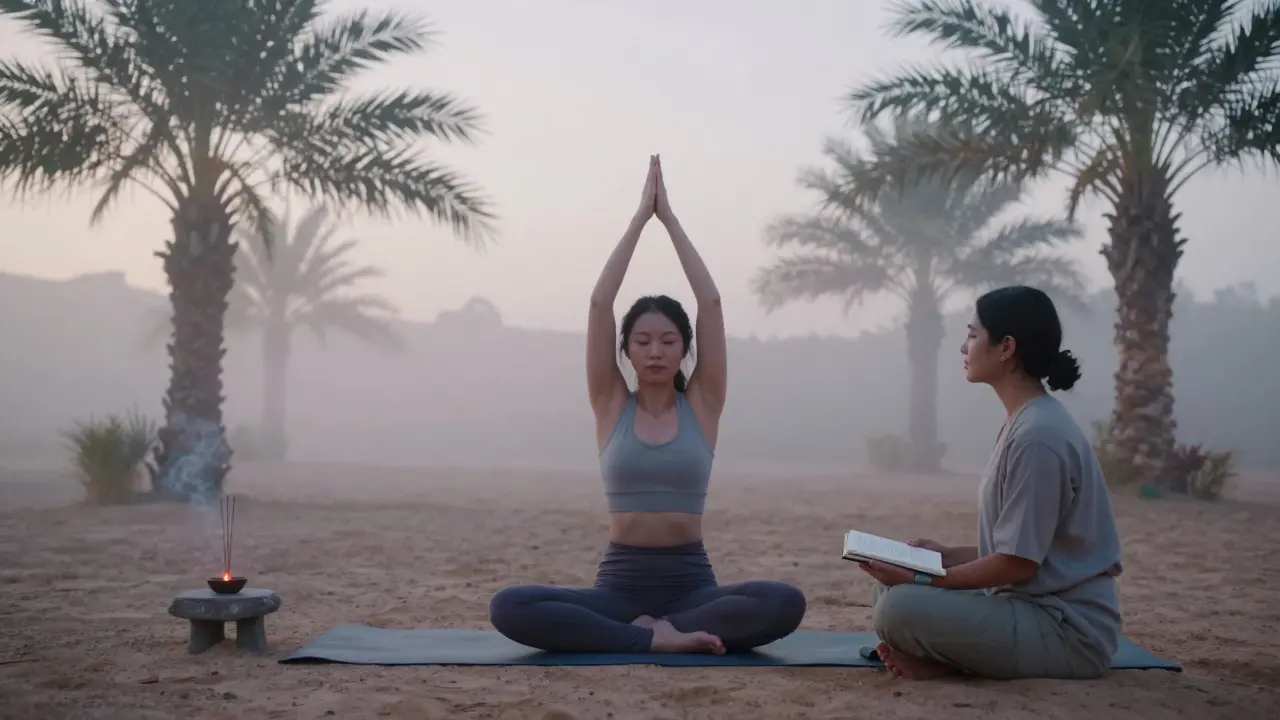 A companion sits peacefully beside a woman practicing yoga at dawn in a desert retreat, surrounded by mist and incense.