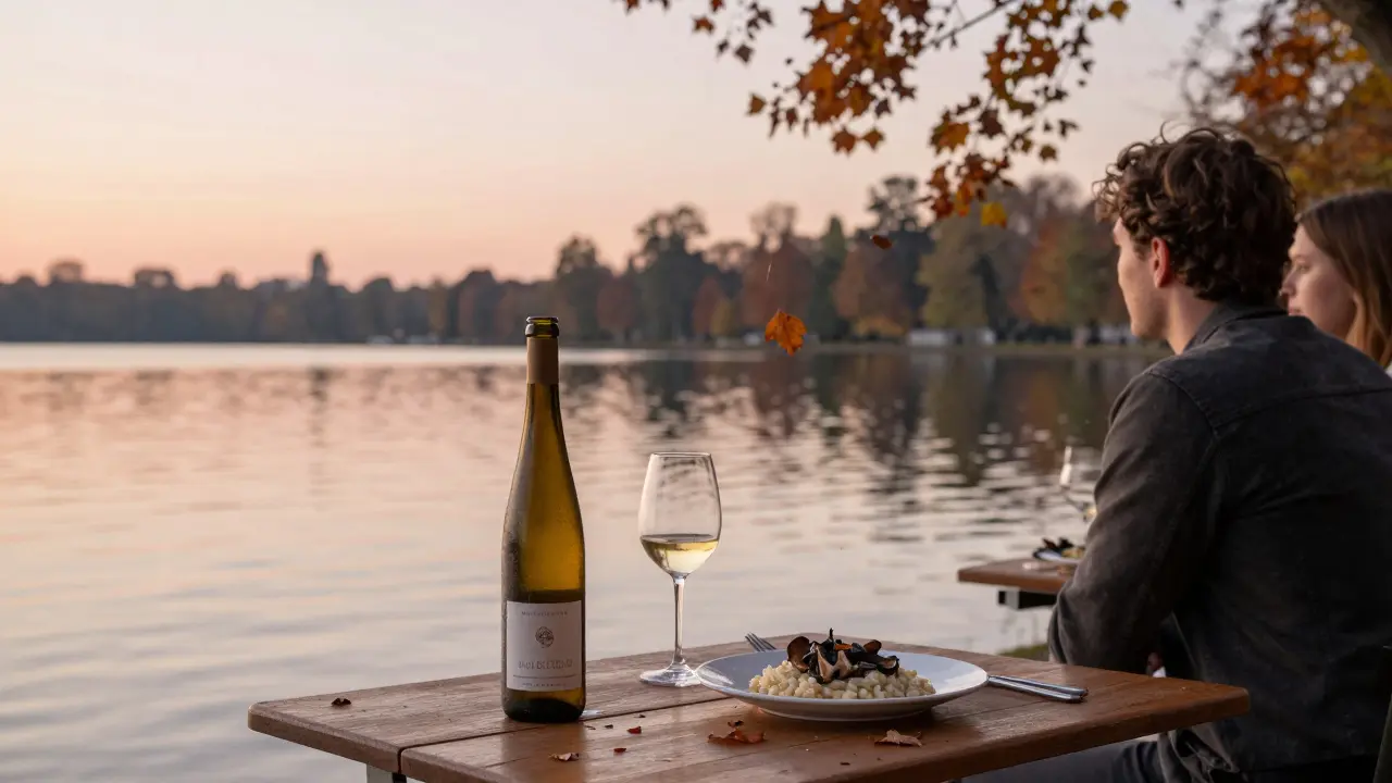 A couple enjoying a peaceful dinner by a lake at sunset, with autumn leaves falling and a bottle of wine on the table.
