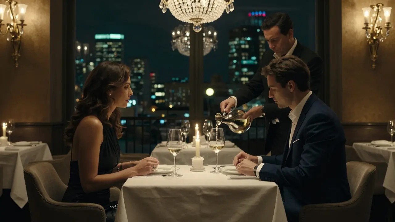 A couple enjoys a private dinner at La Pergola, candlelit with fine dining and the Milan skyline visible through the window.