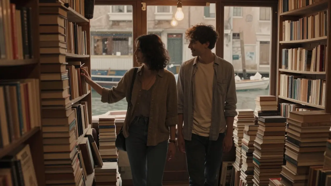 A couple exploring Libreria Acqua Alta, surrounded by stacked books and floating volumes in a literary haven.