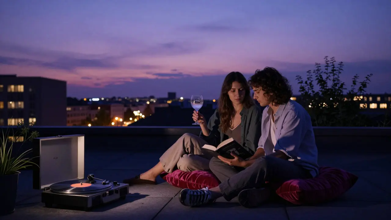 A couple on a Berlin rooftop at twilight, listening to vinyl under the stars with city lights glowing behind them.