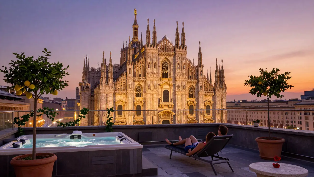 A couple on a private rooftop terrace watching the Duomo glow gold at sunset, surrounded by lemon trees and jasmine.