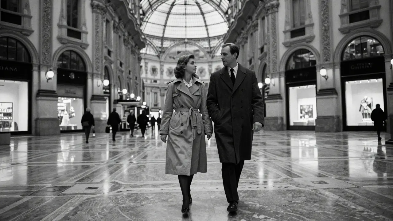 A couple walking in harmony through Galleria Vittorio Emanuele II, their reflections visible on the marble floor.
