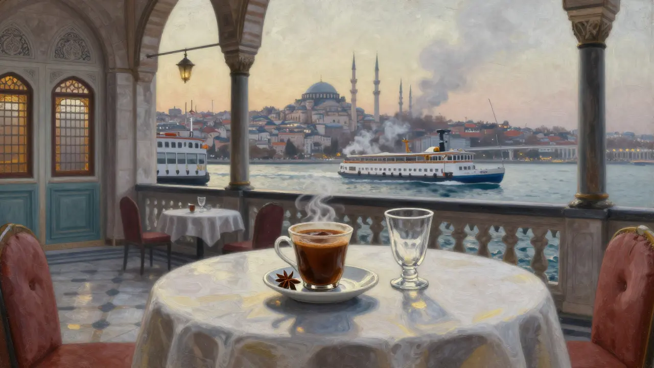 A cup of Turkish coffee and an empty raki glass on a table in an ancient Ottoman palace as dawn breaks over the Bosphorus.