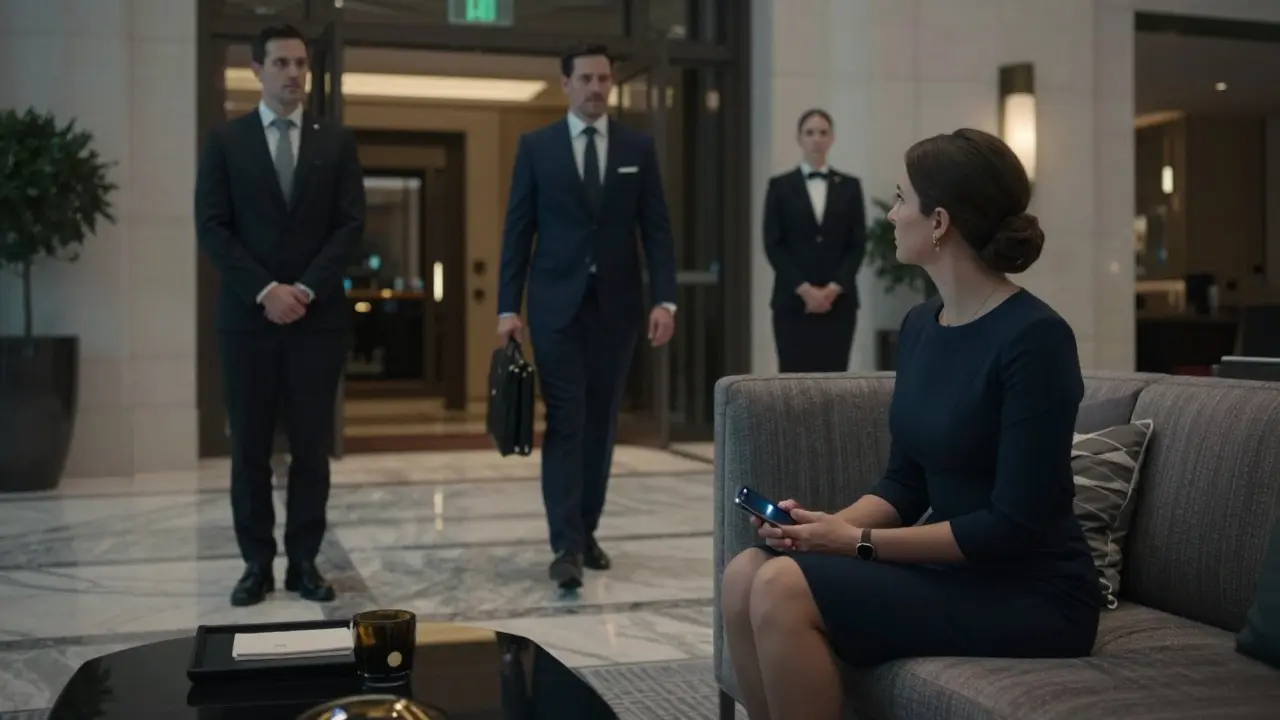 A discreet meeting in a luxury hotel lobby, where a woman waits for a man who approaches with quiet recognition.