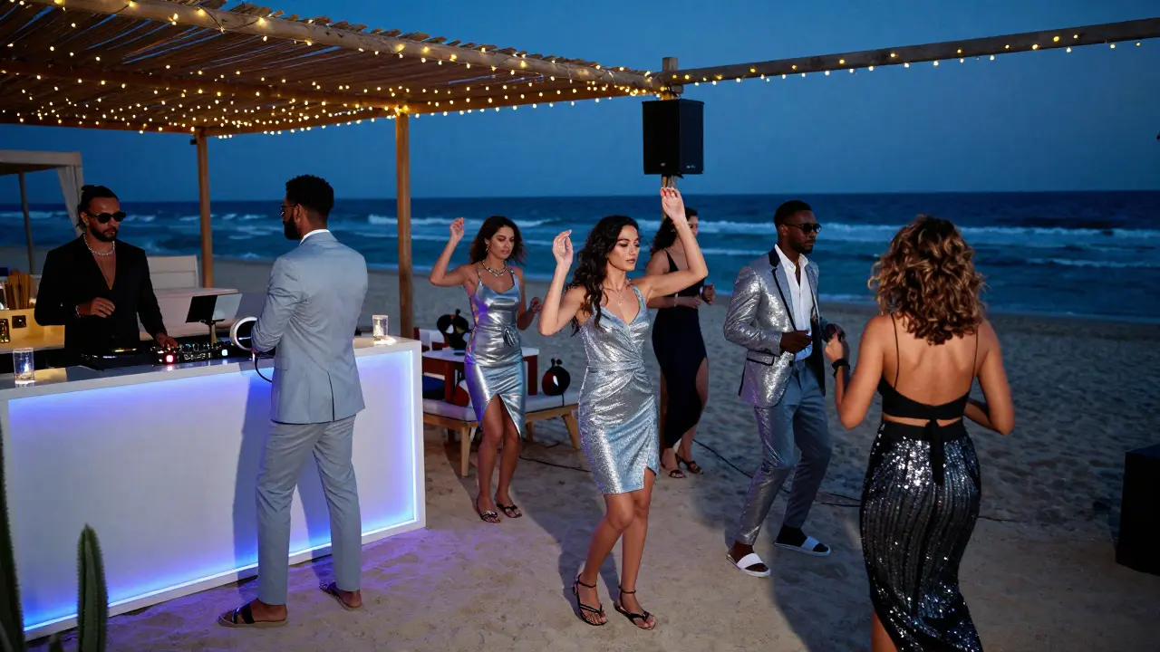 A fashionable crowd dancing at a beachfront club under soft lights, ocean in the background.