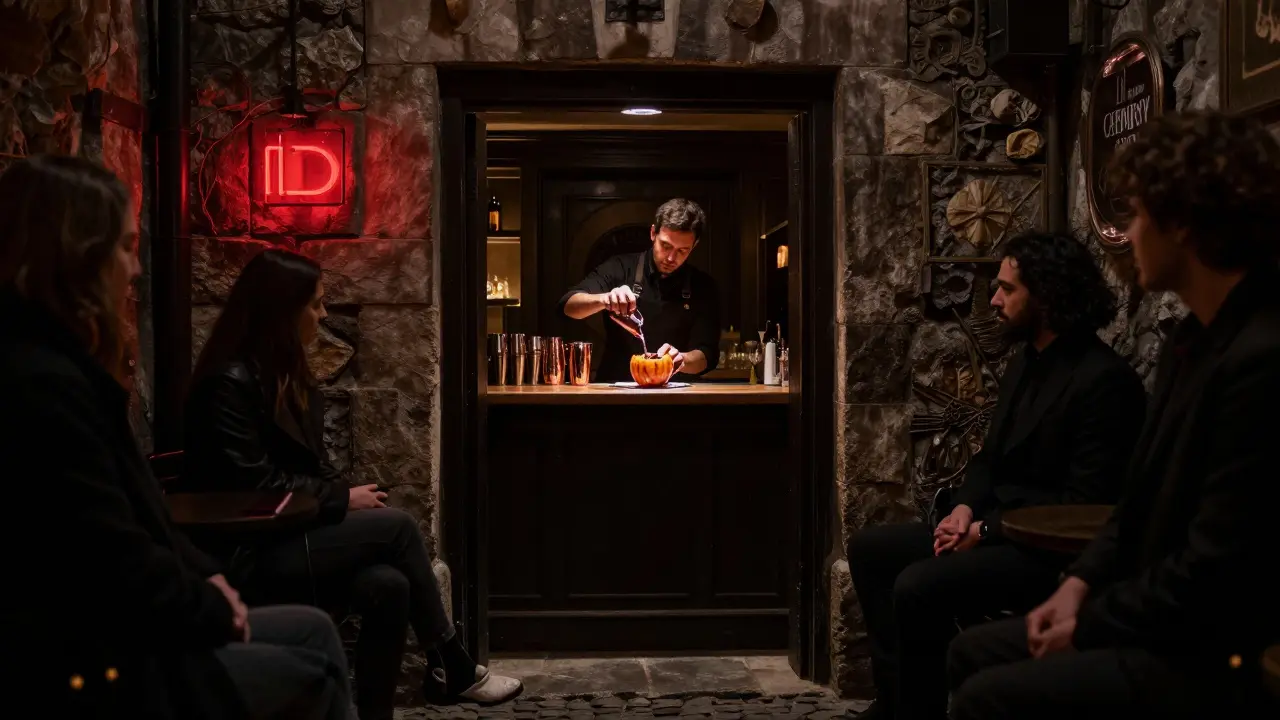 A hidden cocktail bar with a red door, where a bartender prepares an unusual drink in a turnip vessel, surrounded by quiet patrons.