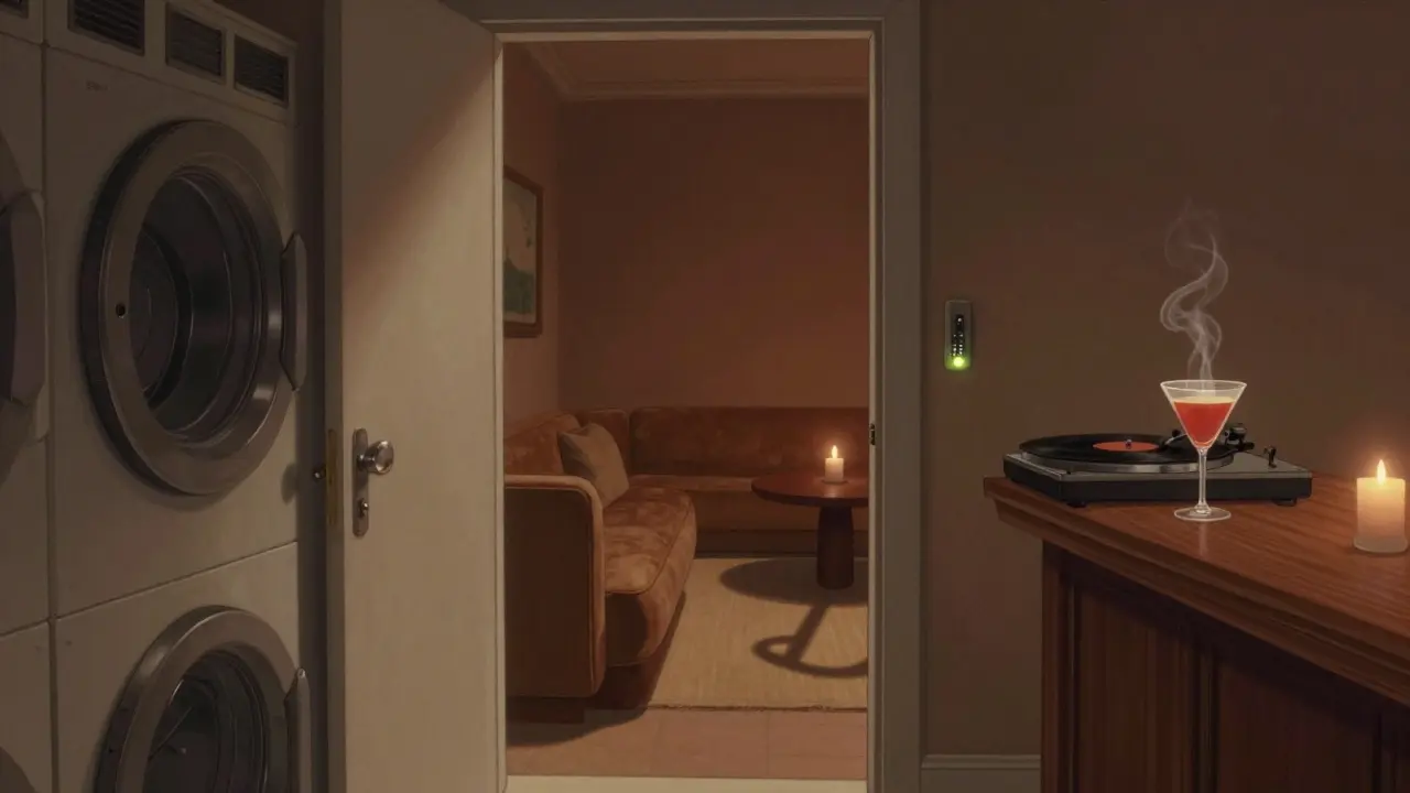 A hidden lounge with vintage decor and a spinning vinyl record, illuminated by candlelight, no people visible.