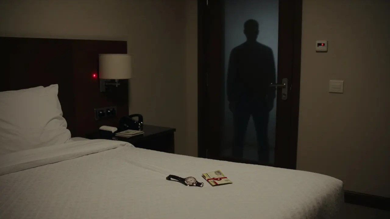 A hotel room in Dubai with cash and a watch on the nightstand, a red security camera glowing, hinting at legal consequences.