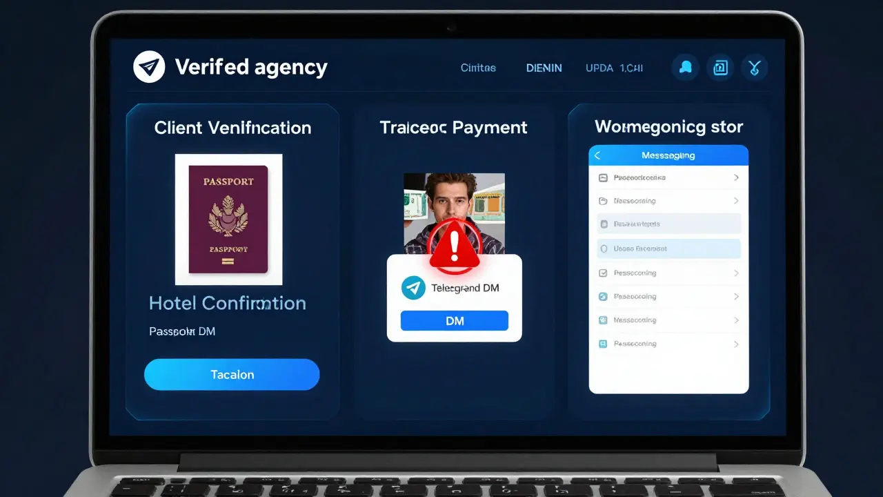 A laptop screen displaying secure client verification steps versus a suspicious Telegram message demanding cash payment.