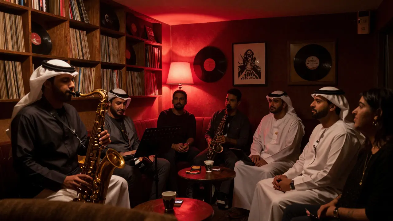 A live jazz band plays in a dimly lit basement lounge with warm red lighting.