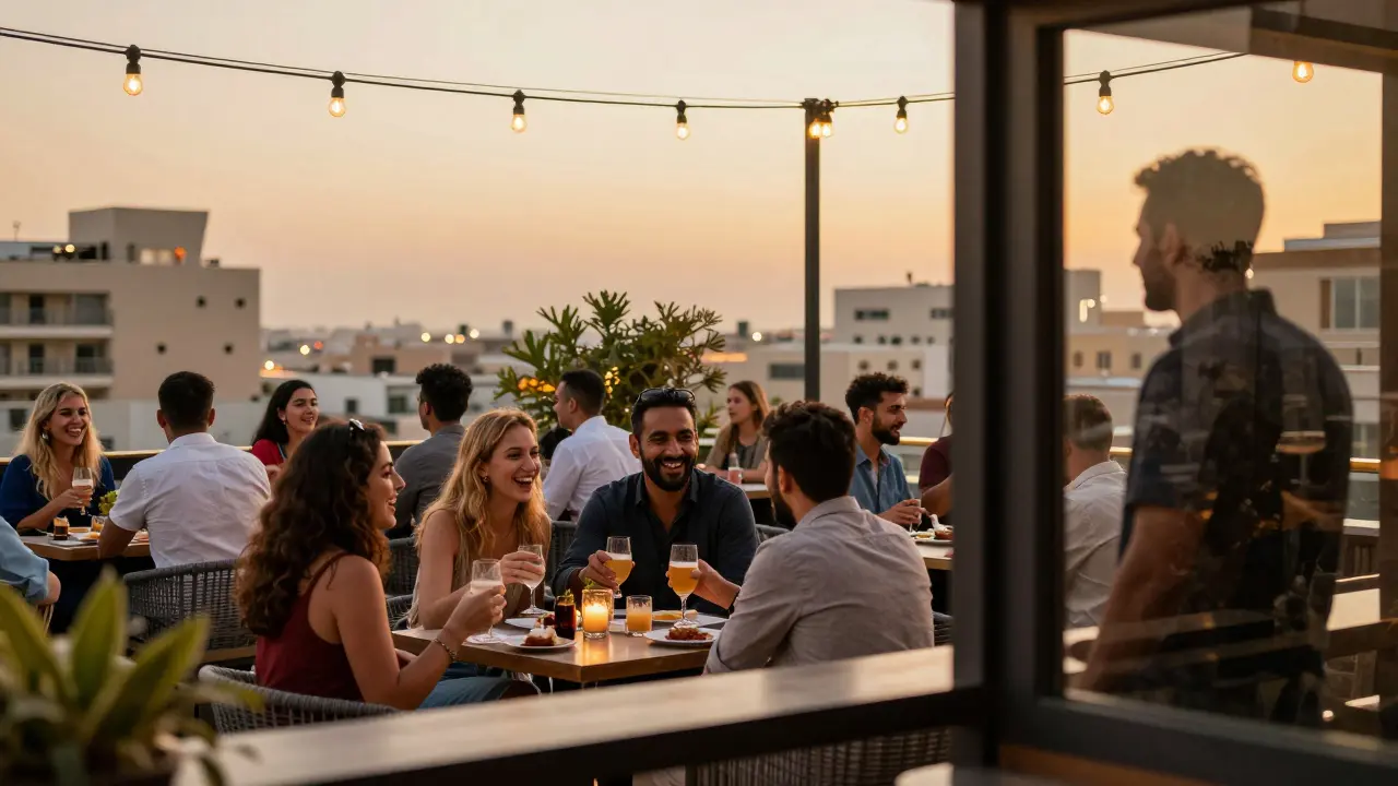 A lively rooftop bar in Dubai with people socializing, while a lonely figure watches from a window, symbolizing safe alternatives.