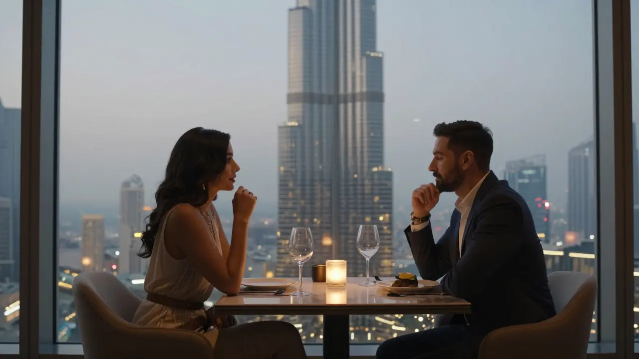 A man and woman having a respectful dinner conversation in a Dubai restaurant with Burj Khalifa lights in the background.