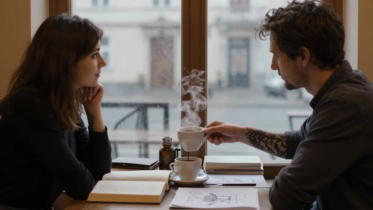 A man and woman in a cozy 24-hour café at dawn, sharing hot chocolate with books and sketches between them.