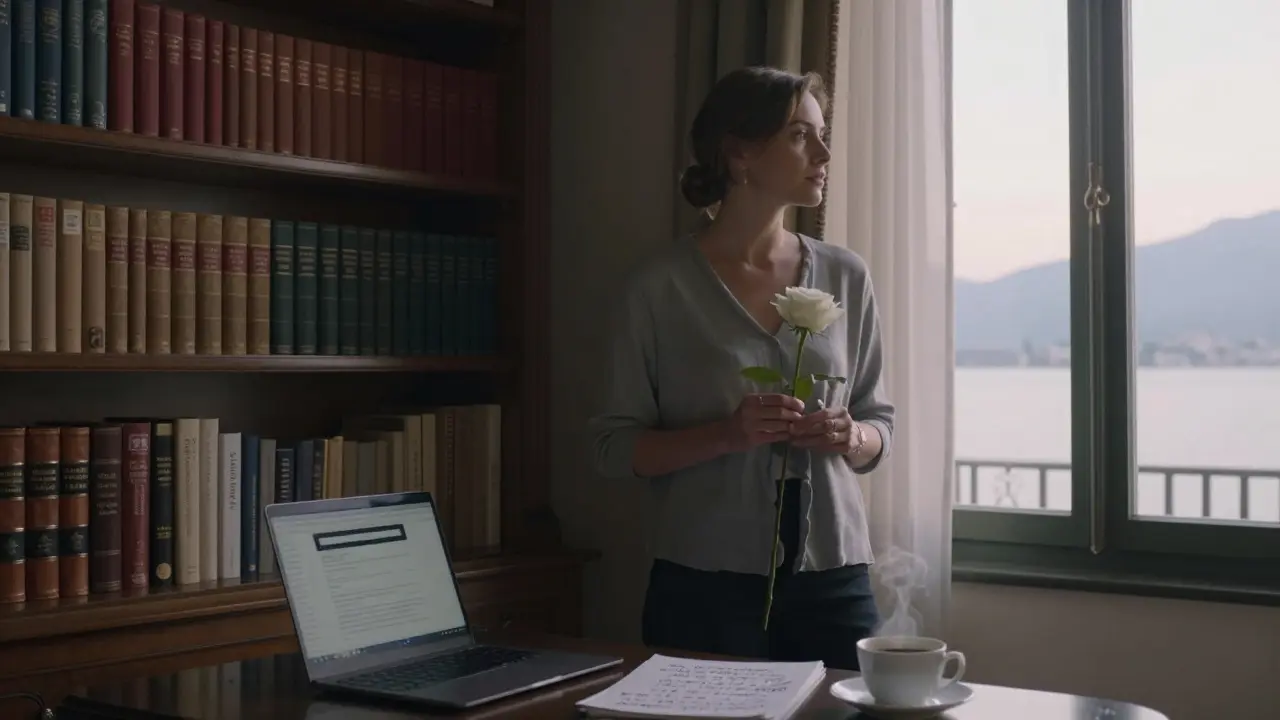 A poised woman stands in a lakeside study, holding a white rose as dawn light filters through curtains.