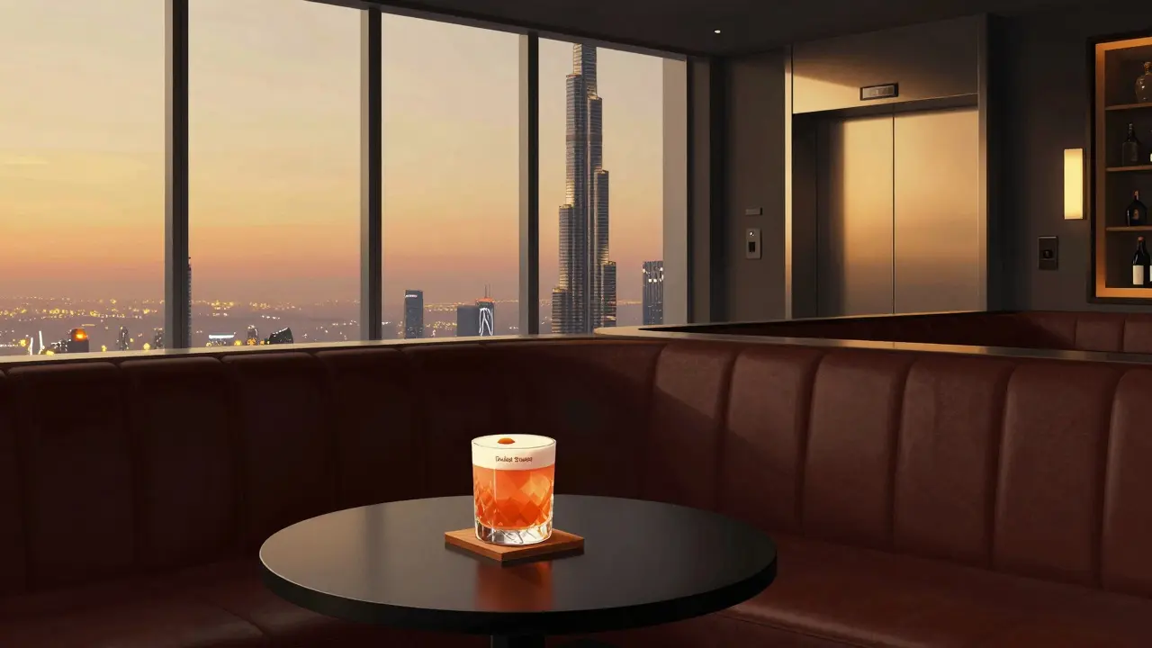 A premium cocktail on a wooden coaster in a sleek bar high above Dubai, city lights twinkling below through panoramic windows.
