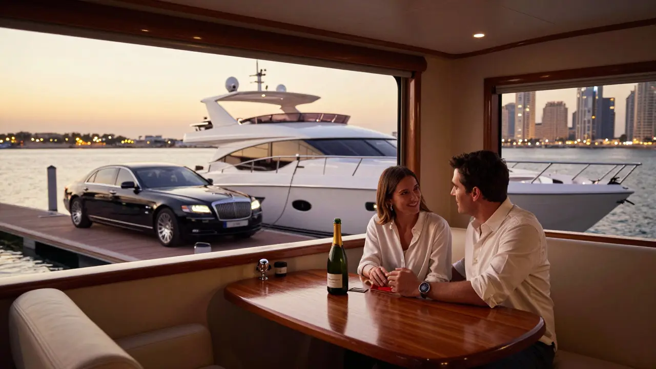 A private yacht at Dubai Marina at sunset, with two people engaged in calm conversation inside.