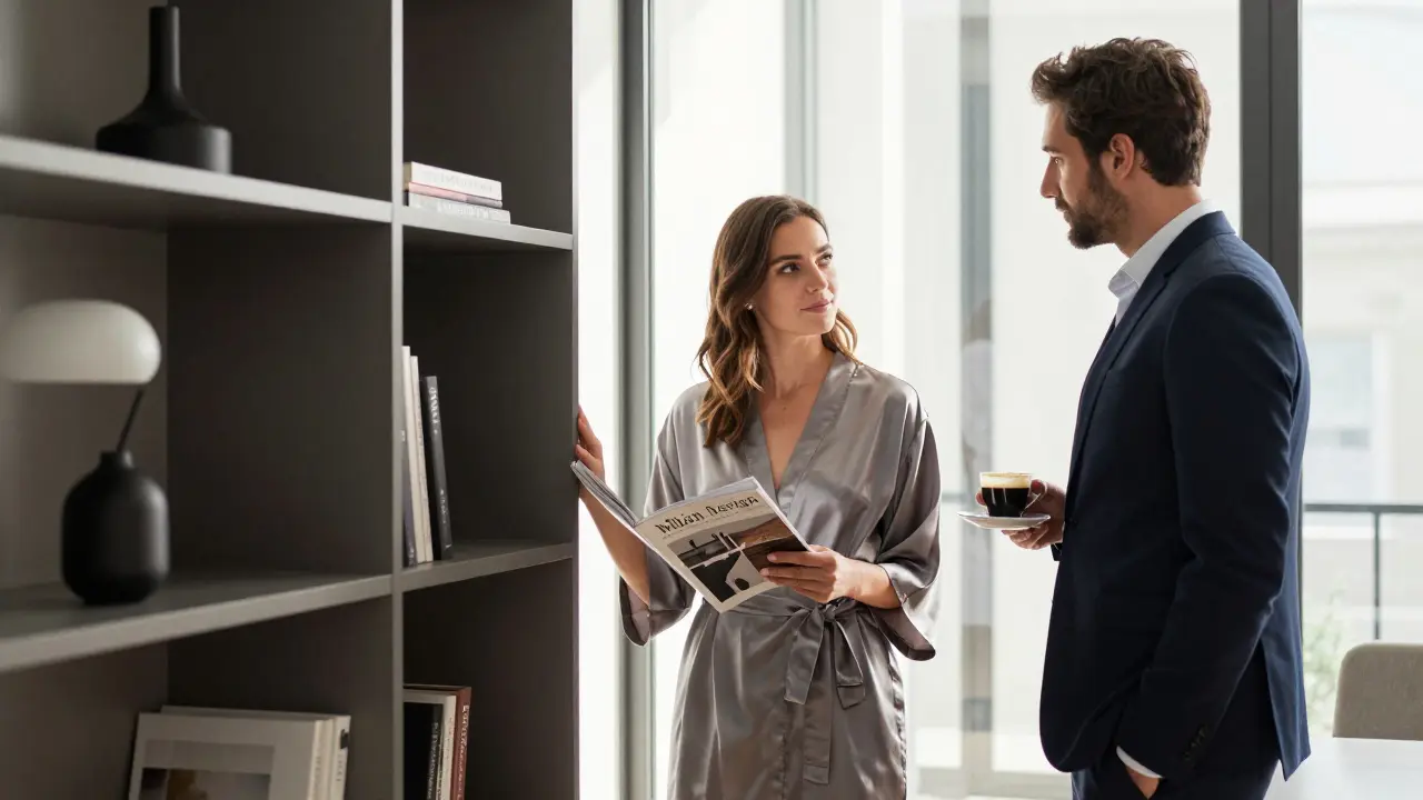 A professional couple in a Brera apartment, engaged in thoughtful conversation amid art books and minimalist decor.