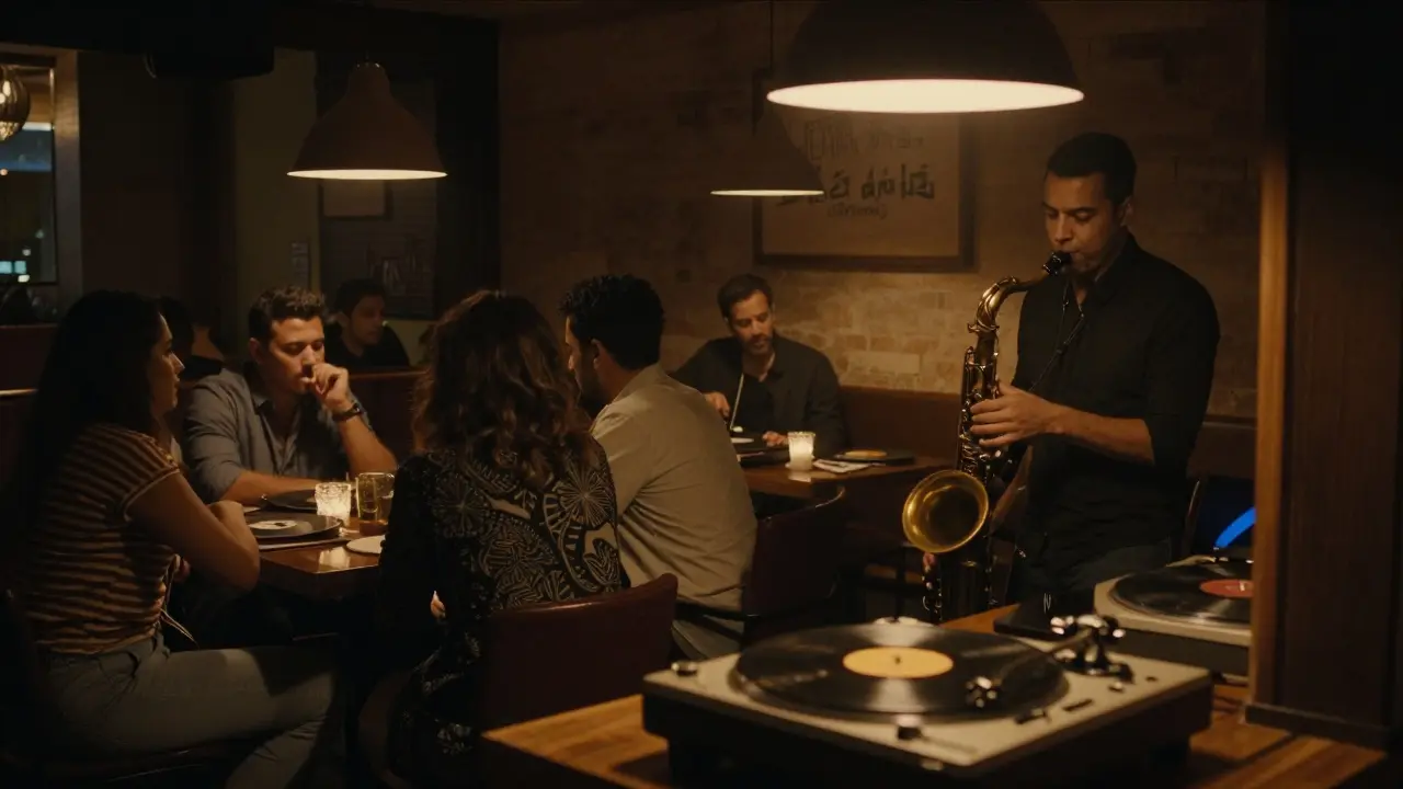 A quiet jazz lounge with dim lighting, vinyl records playing, and locals listening intently.