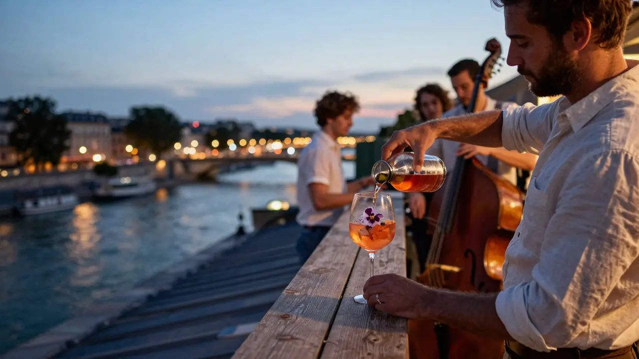 A rooftop bar at dusk with guests enjoying cocktails, the Seine glittering below, and a live jazz trio playing softly.