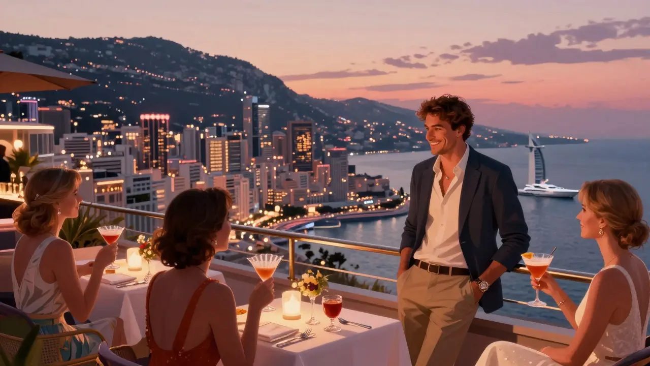 A rooftop lounge with guests enjoying cocktails under a glittering Monaco skyline and Mediterranean view.