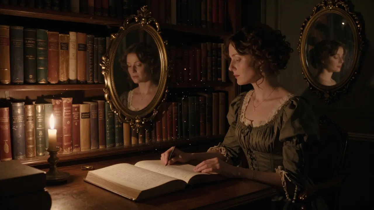 A secret library with glowing ancient books and a blank volume that writes itself under candlelight, surrounded by shadows.