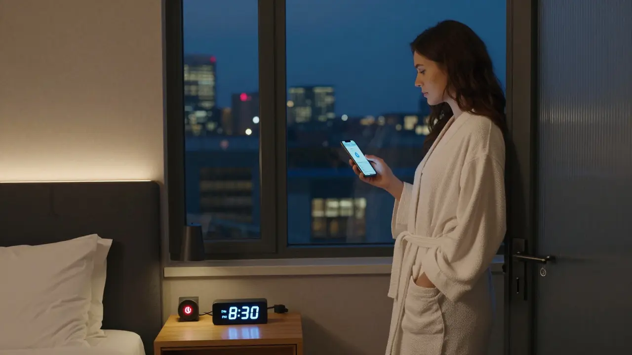 A secure hotel room in Berlin with safety tools visible, conveying autonomy and protection.