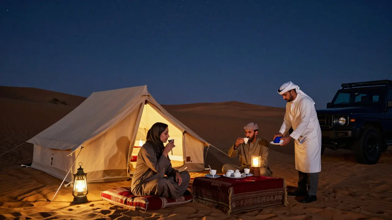 A serene desert camp under starlight, where two individuals share coffee in a luxurious tent.