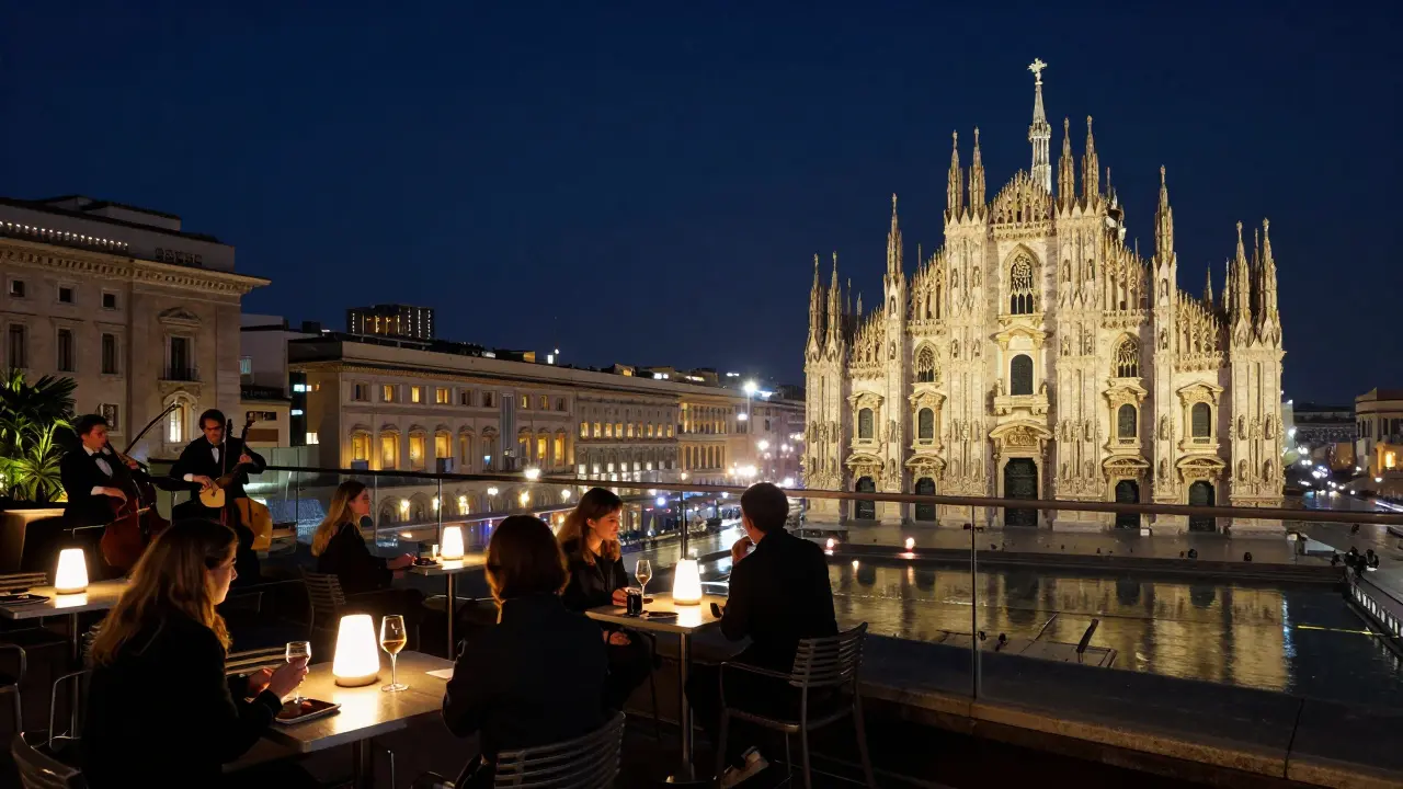 A serene rooftop bar overlooking Milan’s skyline at night, couples sipping wine under soft lights.