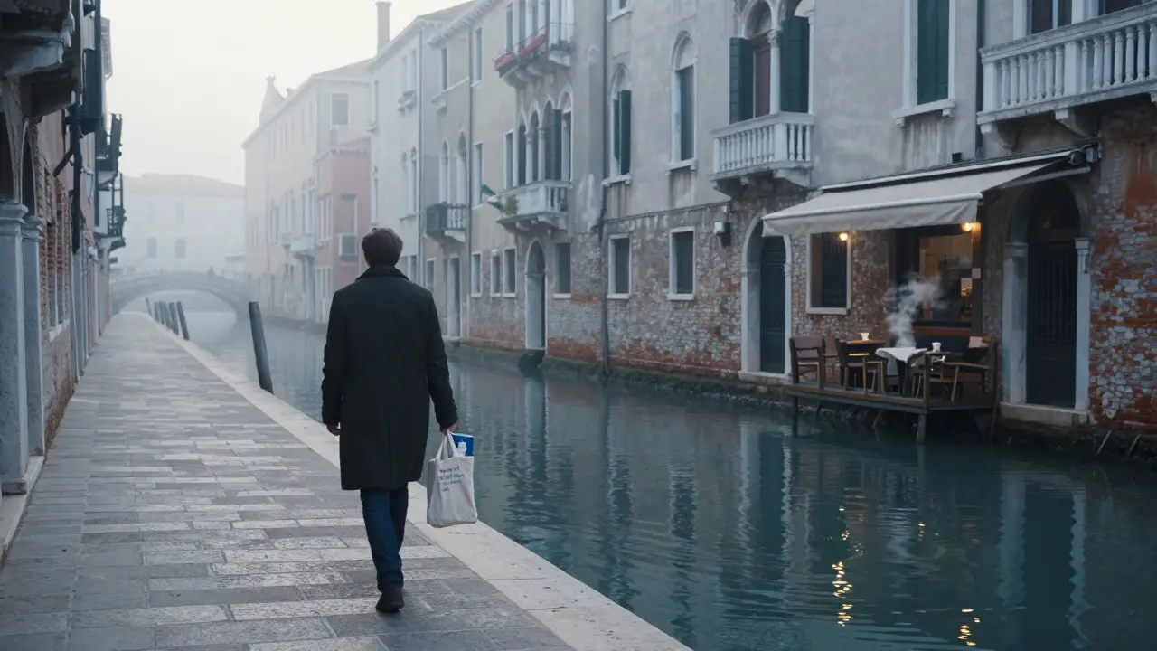 A solitary figure walks along the Navigli canal at sunrise, carrying a book, in a misty, serene morning light.