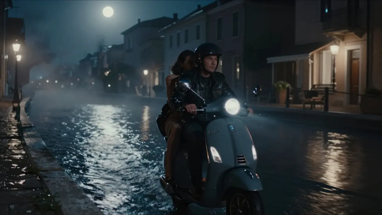 A Vespa rides along the Navigli canal at night, silhouettes close together under moonlight and lantern glow.