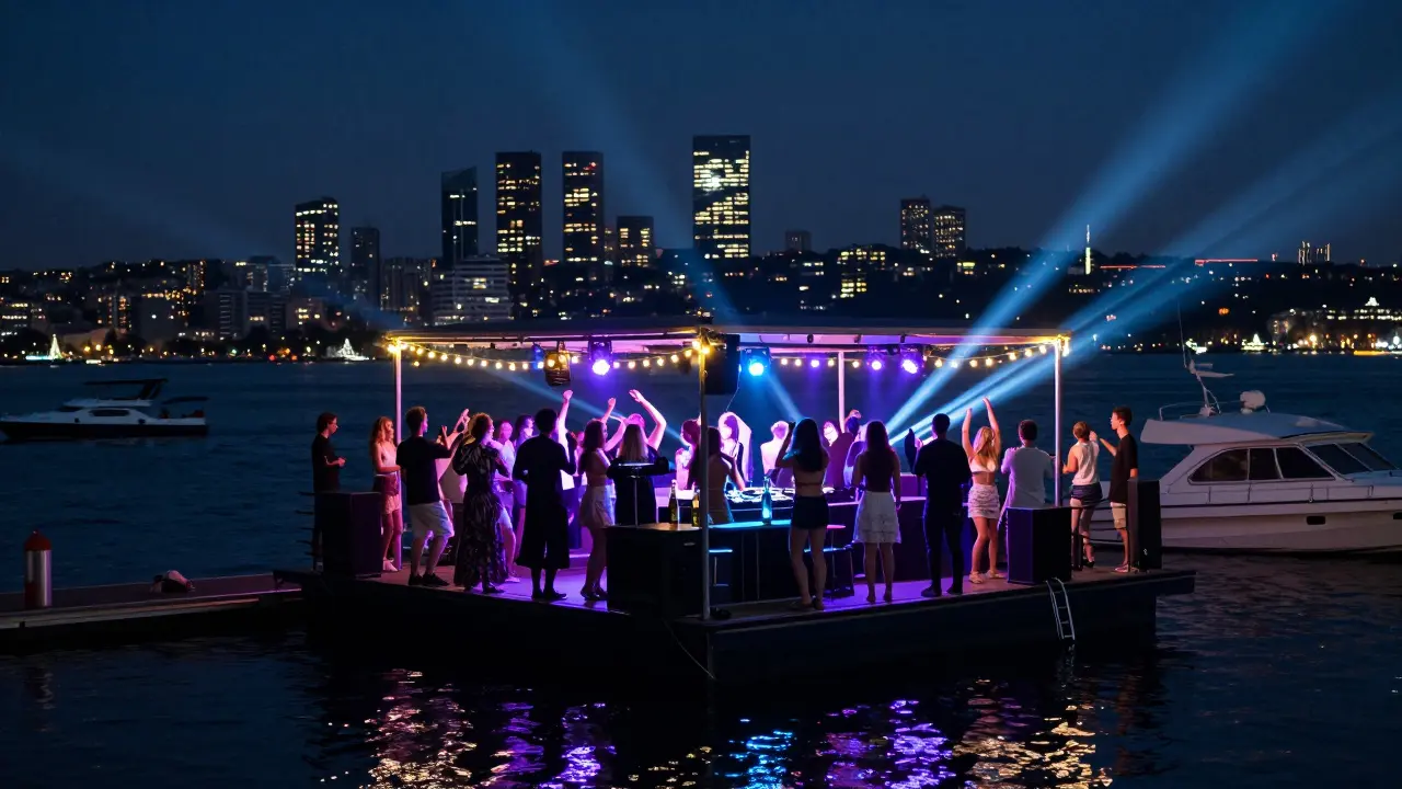 A vibrant nightlife party on a Bosphorus docked boat with city lights and dancing guests.