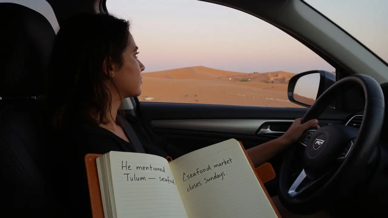 A woman gazes out a luxury car window at desert dunes at dusk, a notebook with handwritten notes on the seat beside her.