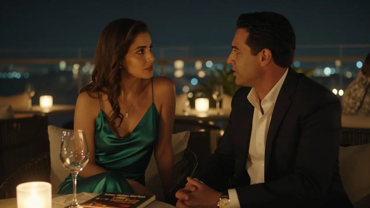 A woman listens intently to a man in a candlelit rooftop lounge, wine glass and book visible on the table.