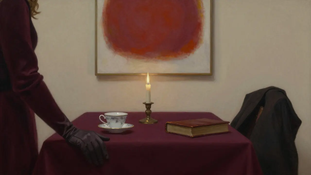 An empty dining room with candlelight, a teacup, and a Rothko painting—suggesting a moment of quiet, profound intimacy.