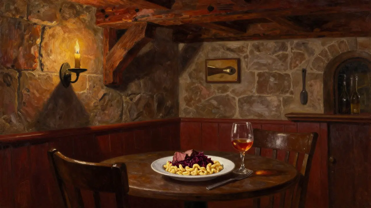 An empty table in an ancient stone dining room, lit only by candlelight, with a finished plate of traditional German dish.
