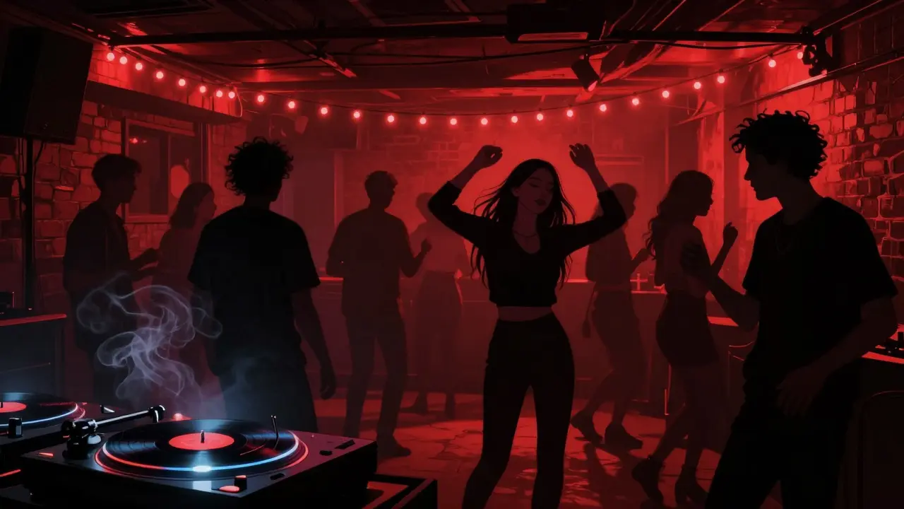An underground club basement with dancers lost in music, exposed brick, and dim red lighting.