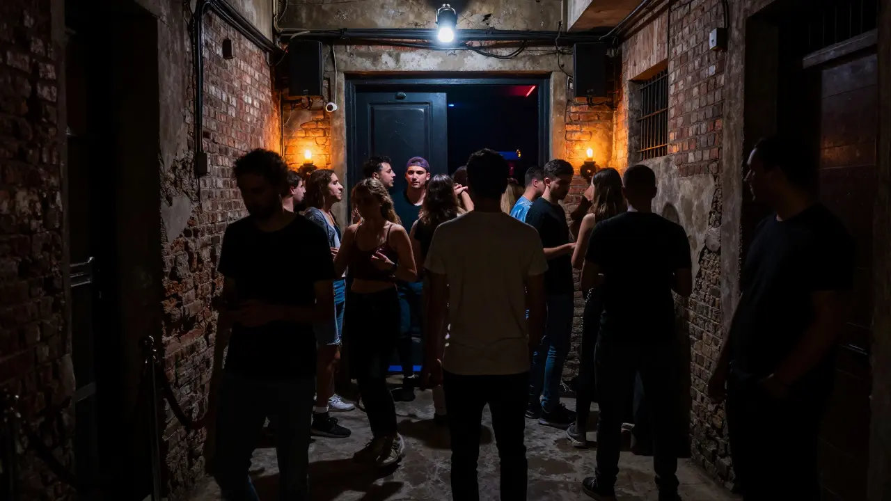 An underground techno club in Kadıköy with a crowded dance floor lit only by a strobe and candlelight, hidden behind an unmarked door.
