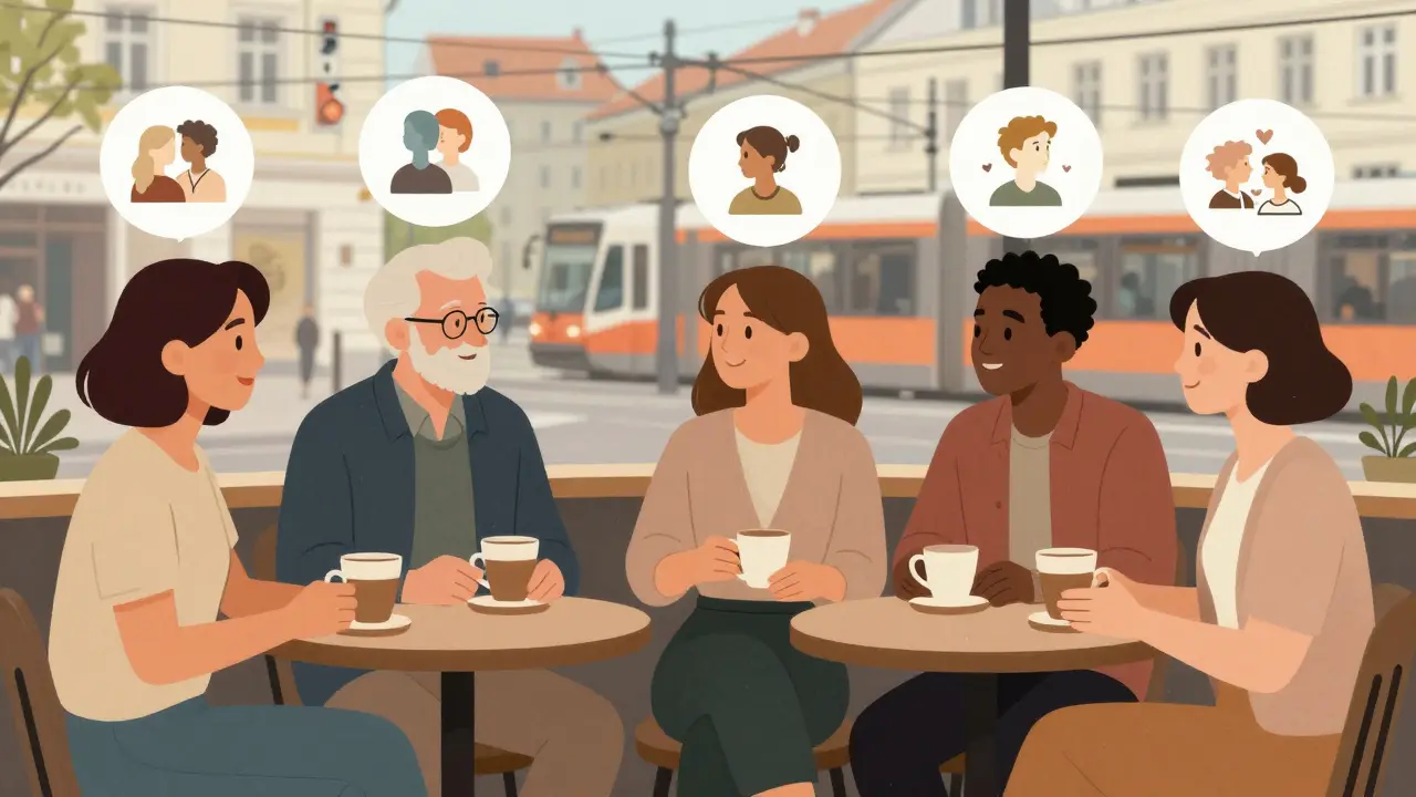 Diverse Berlin residents enjoying companionship in a quiet café, symbolizing emotional connection.