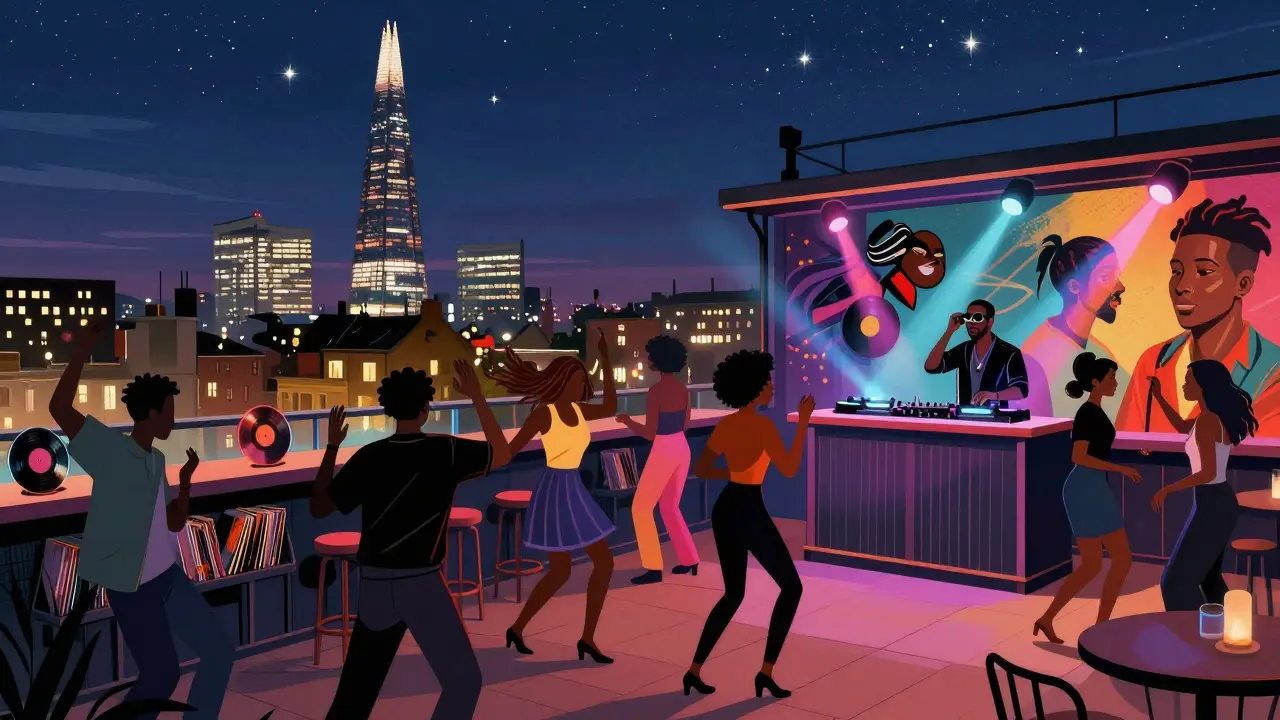 Diverse group dancing on a rooftop bar with vinyl records and the Shard visible in the night sky.
