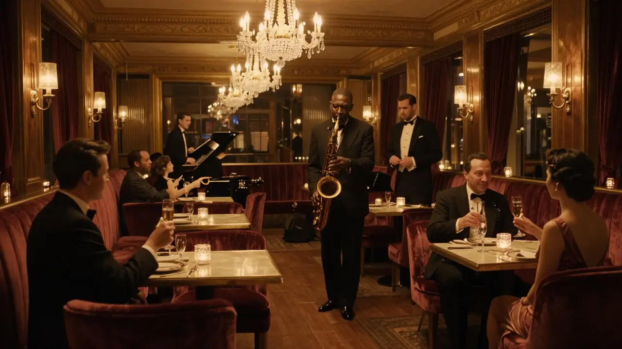 Elegant 1930s jazz lounge with chandeliers, velvet seating, and a live saxophonist performing.