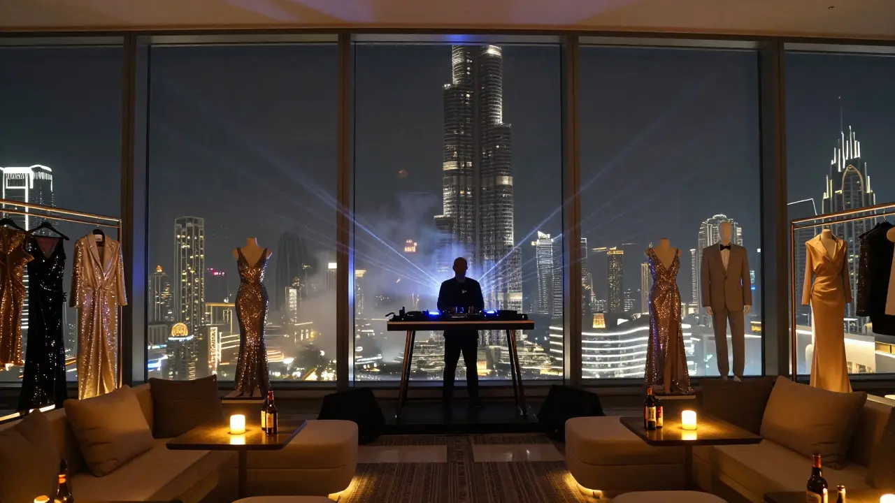 Elegant crowd at a luxury rooftop club with Burj Khalifa visible through floor-to-ceiling windows, sequins and silk in soft lighting.