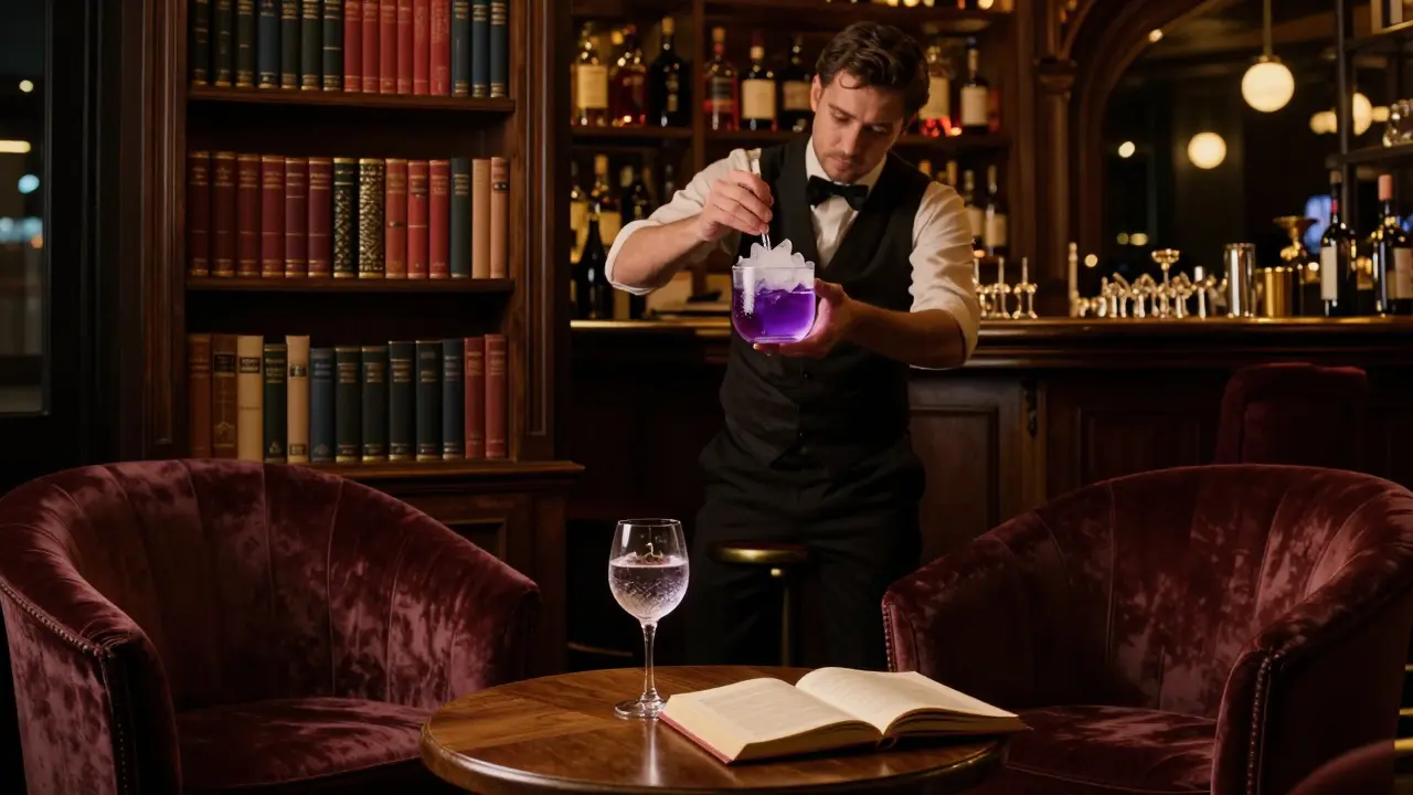 Hidden cocktail bar Paradiso with velvet chairs, a bartender mixing a sophisticated drink under soft jazz lighting.