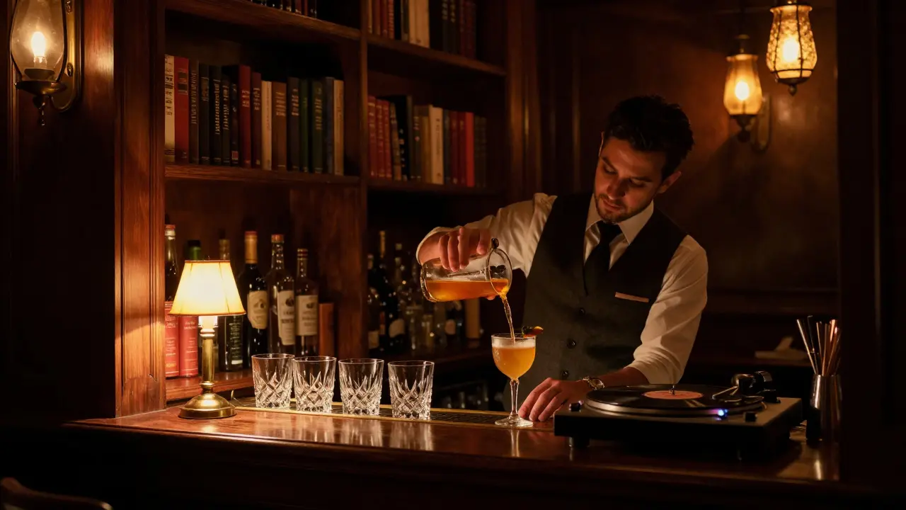 Hidden speakeasy bar with dim lighting, bartender pouring a crafted cocktail in vintage style.