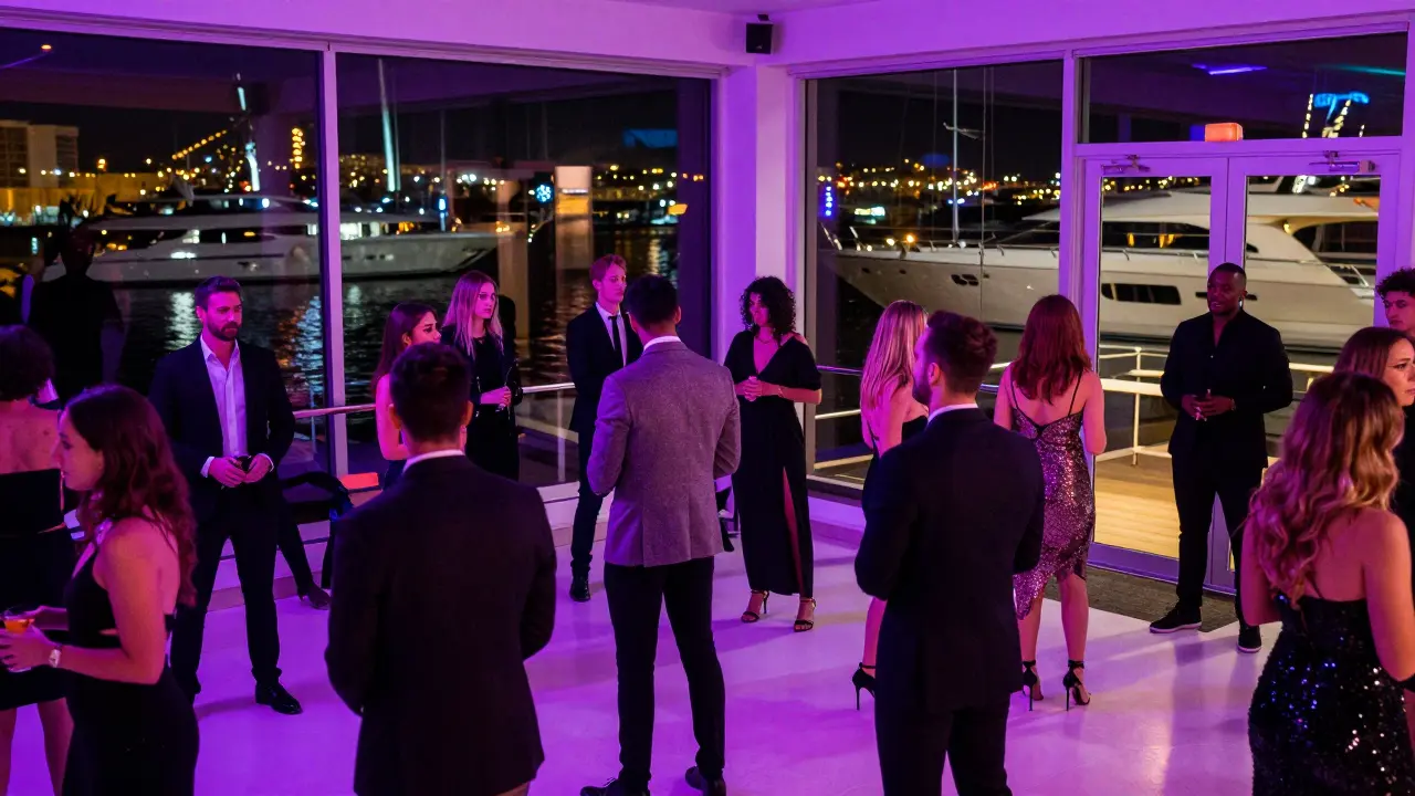 Jimmy's nightclub crowded with stylish patrons dancing under neon lights, yachts visible through floor-to-ceiling windows.
