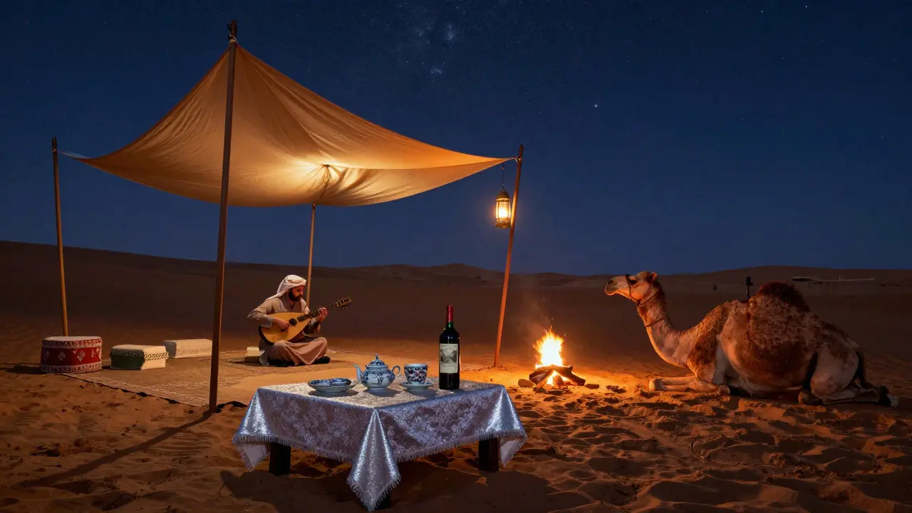 Private desert camp under starlit sky with oud music, silk canopy, and fine dining.