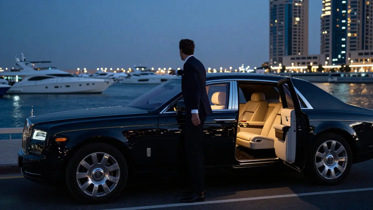 Rolls-Royce Phantom at Dubai Marina at dusk, door open to empty, elegant interior.